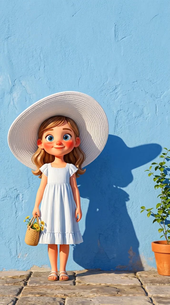 Stylized Digital Illustration of a Girl in a Large White Hat against a Blue Wall - Free Mobile AMOLED Wallpaper Background