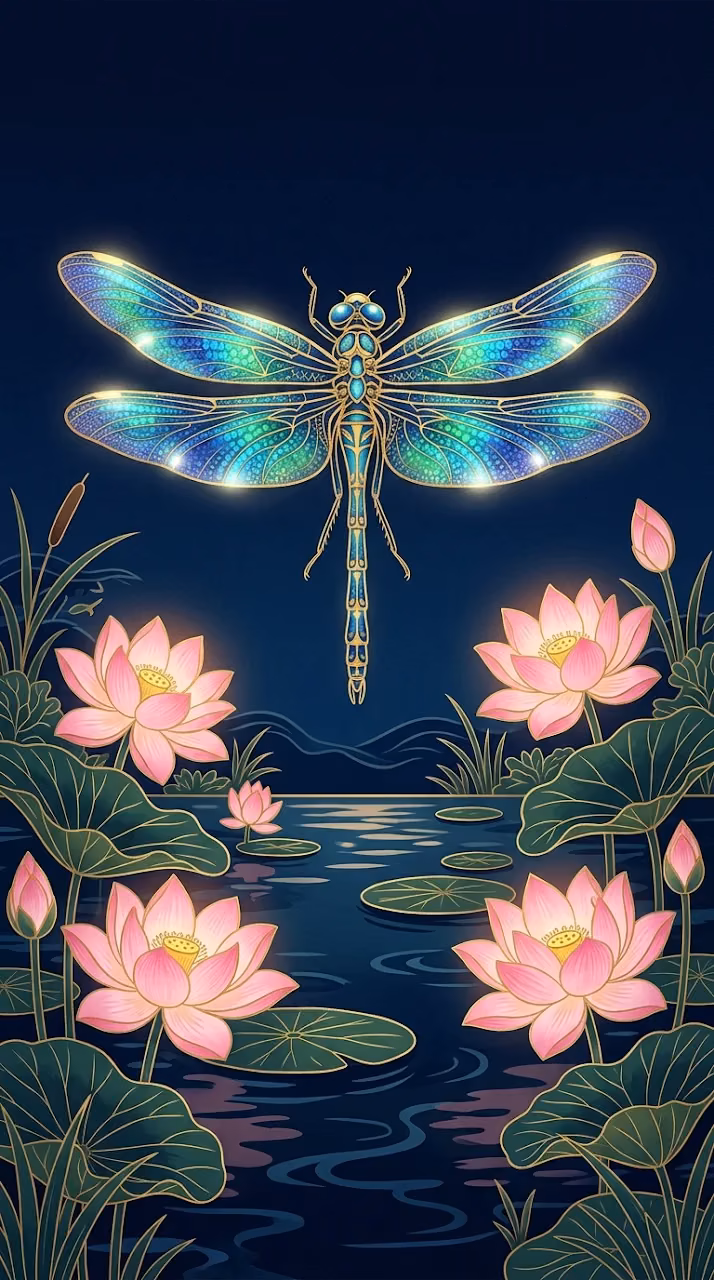 Download Stylized Dragonfly and Lotus Flowers Pond in Traditional Japanese Style Wallpaper in Mobile HD Stylized Dragonfly and Lotus Flowers Pond in Traditional Japanese Style - Free Mobile AMOLED Wallpaper Background