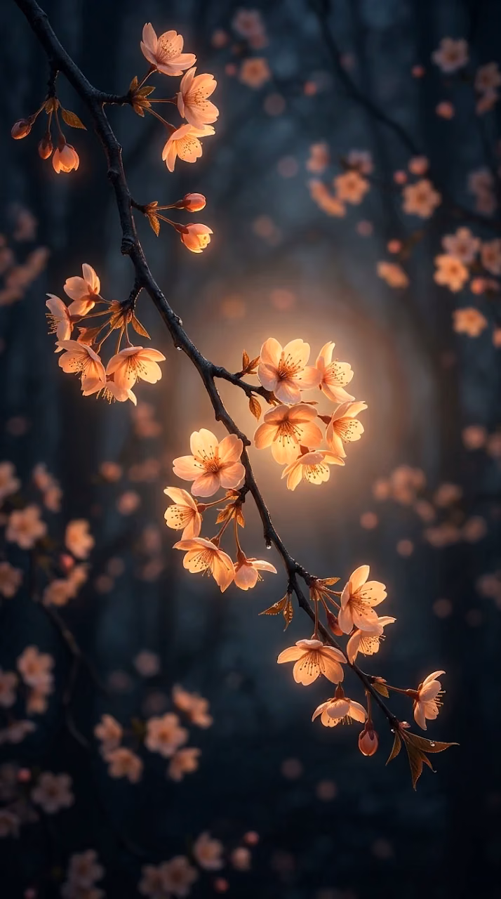 Stylized Glowing Orange Cherry Blossom Branch on Dark Background - Free Mobile AMOLED Wallpaper Background