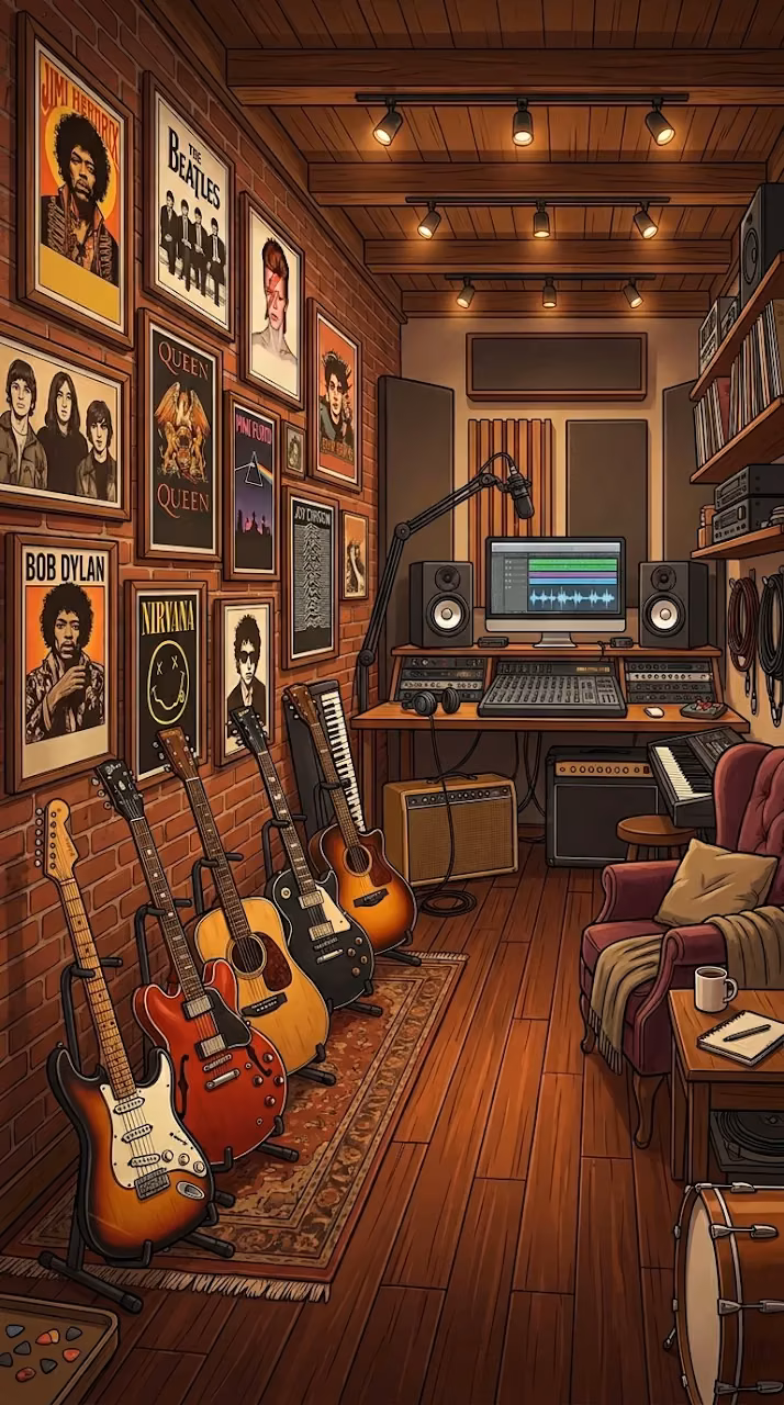 Download Stylized Graphic Illustration of a Music Studio Filled with Guitars and Posters Wallpaper in Mobile HD Stylized Graphic Illustration of a Music Studio Filled with Guitars and Posters - Free Mobile AMOLED Wallpaper Background