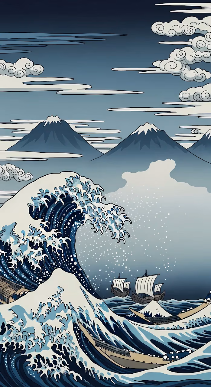 Download Stylized Great Wave with Fishing Boats and Snowy Mountains Wallpaper in Mobile HD Stylized Great Wave with Fishing Boats and Snowy Mountains - Free Mobile AMOLED Wallpaper Background