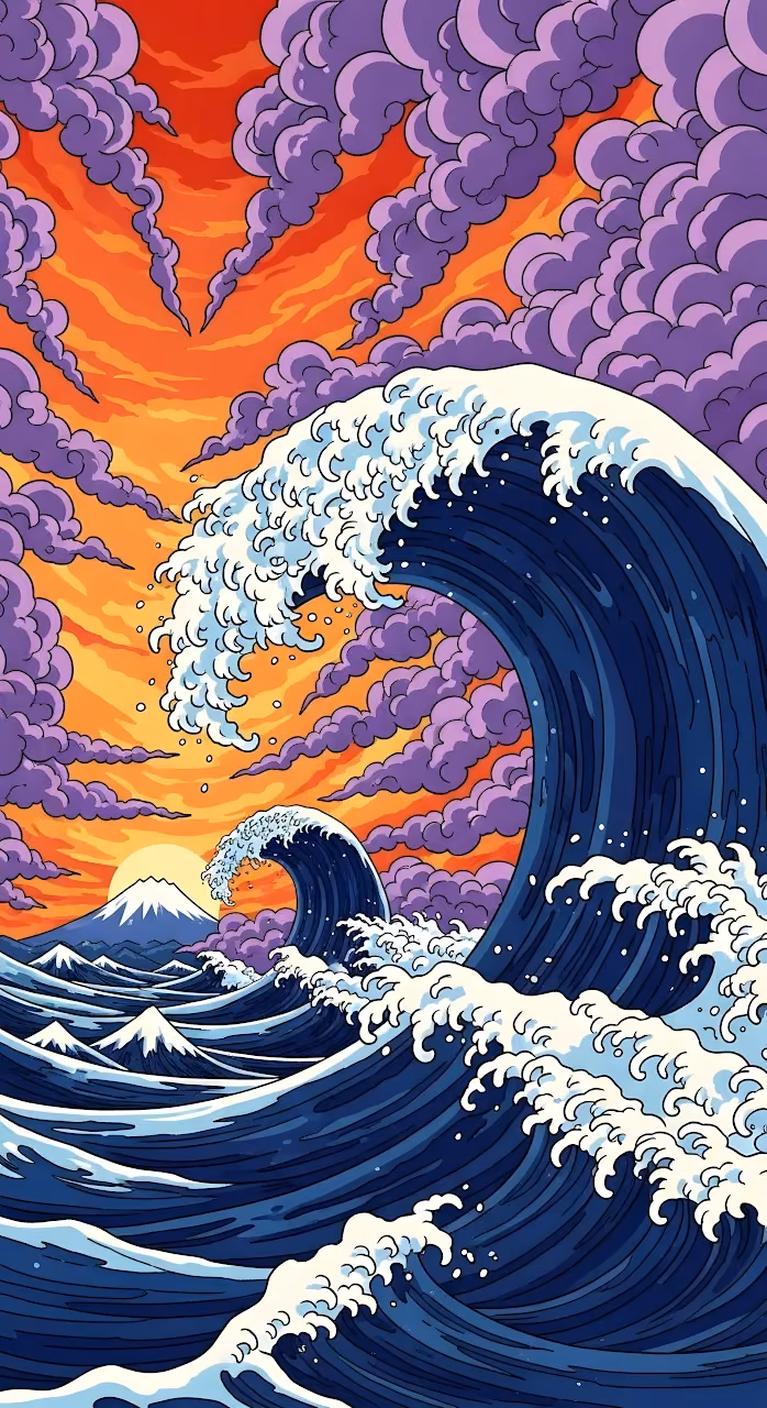Download Stylized Great Wave with Purple Clouds and Orange Sunset Wallpaper in Mobile HD Stylized Great Wave with Purple Clouds and Orange Sunset - Free Mobile AMOLED Wallpaper Background