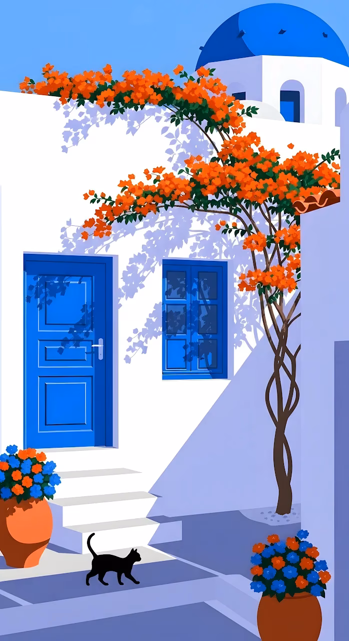 Stylized Greek Island Scene with Blue Dome and Cat - Free Mobile AMOLED Wallpaper Background