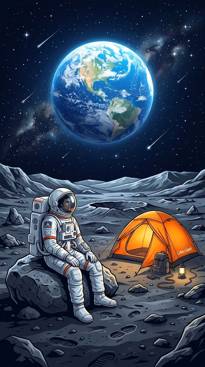Stylized Illustration of an Astronaut Camping on the Moon Watching Earth - Free Mobile AMOLED Wallpaper Background