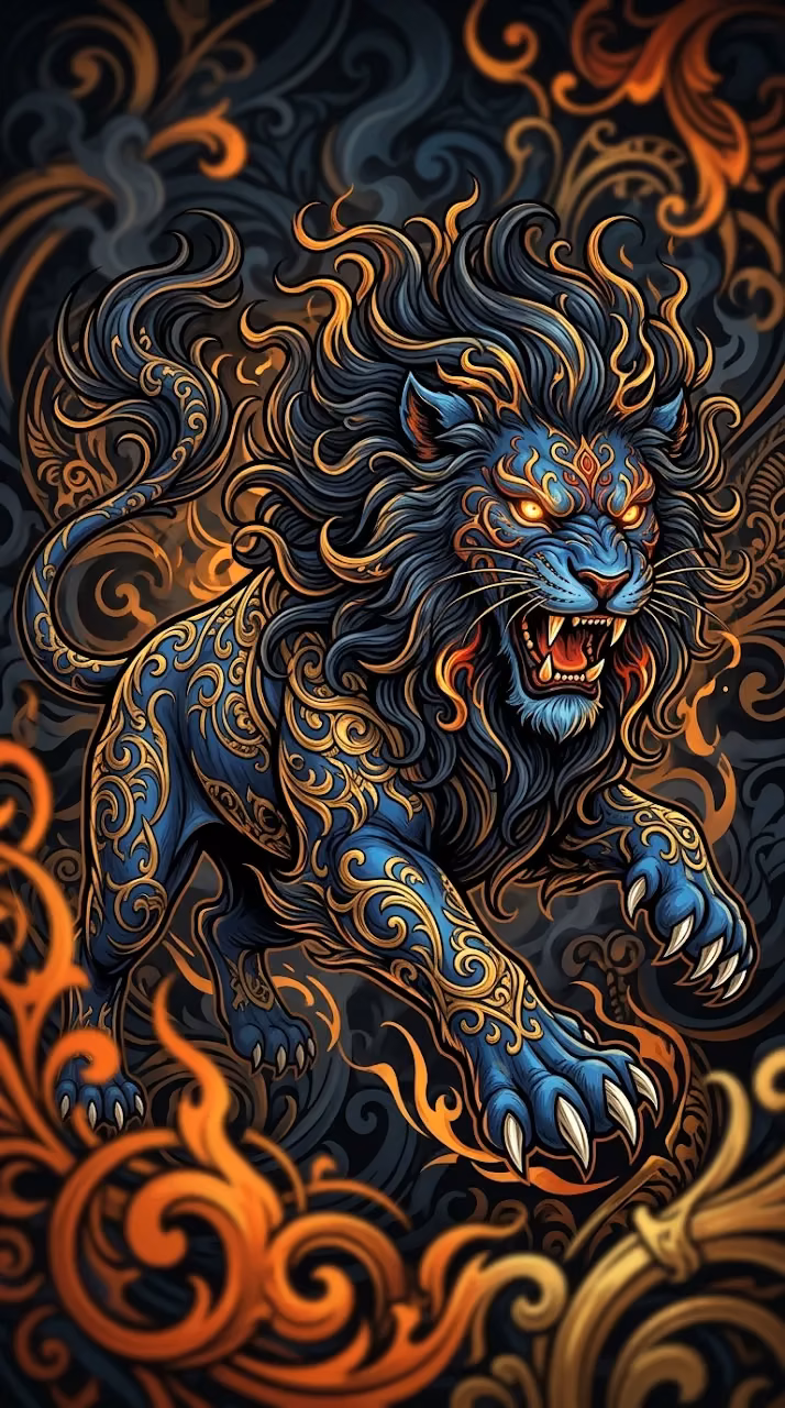 Download Stylized Illustration of a Blue Guardian Lion with Golden Accents Wallpaper in Mobile HD Stylized Illustration of a Blue Guardian Lion with Golden Accents - Free Mobile AMOLED Wallpaper Background
