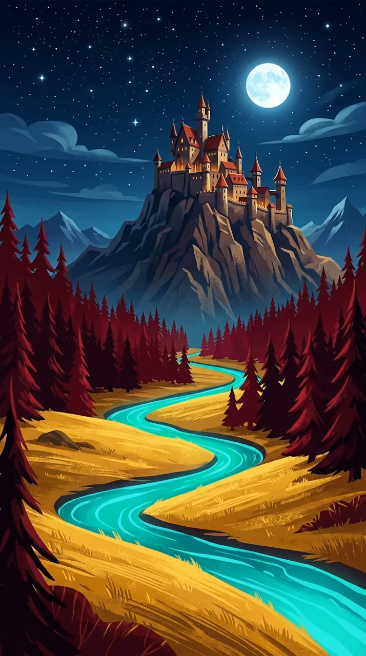 Download Stylized Illustration Of A Castle On A Mountain Peak Over A Teal River Wallpaper in Mobile HD Stylized Illustration Of A Castle On A Mountain Peak Over A Teal River - Free Mobile AMOLED Wallpaper Background