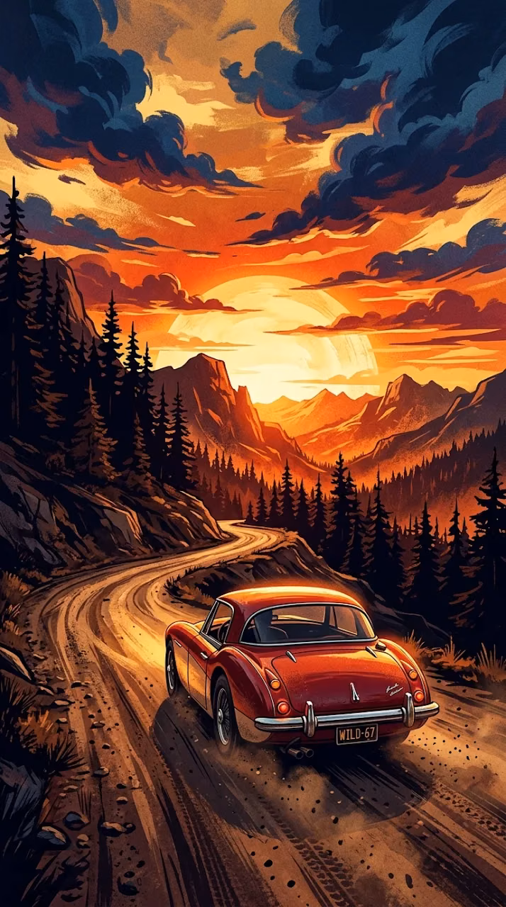 Download Stylized Illustration of a Classic Red Car Driving on a Mountain Road at Sunset Wallpaper in Mobile HD Stylized Illustration of a Classic Red Car Driving on a Mountain Road at Sunset - Free Mobile AMOLED Wallpaper Background