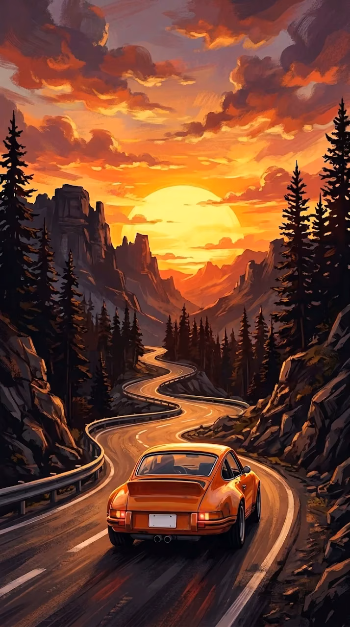 Download Stylized Illustration of a Classic Sports Car on a Winding Mountain Road at Sunset Wallpaper in Mobile HD Stylized Illustration of a Classic Sports Car on a Winding Mountain Road at Sunset - Free Mobile AMOLED Wallpaper Background
