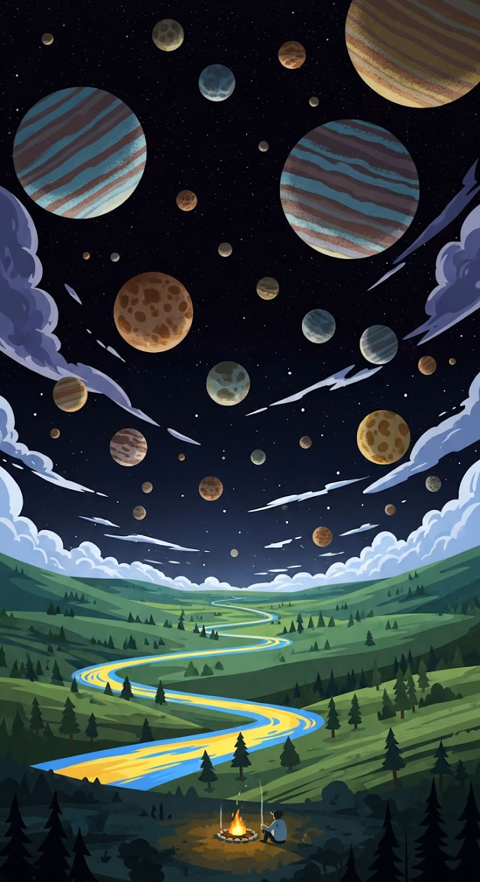Stylized Illustration of Colorful Planets Floating Over a Vast Mountain Valley Landscape - Free Mobile AMOLED Wallpaper Background