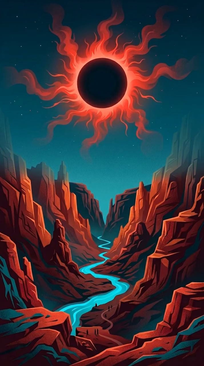 Stylized Illustration of a Cosmic Canyon with a Black Void Sun - Free Mobile AMOLED Wallpaper Background