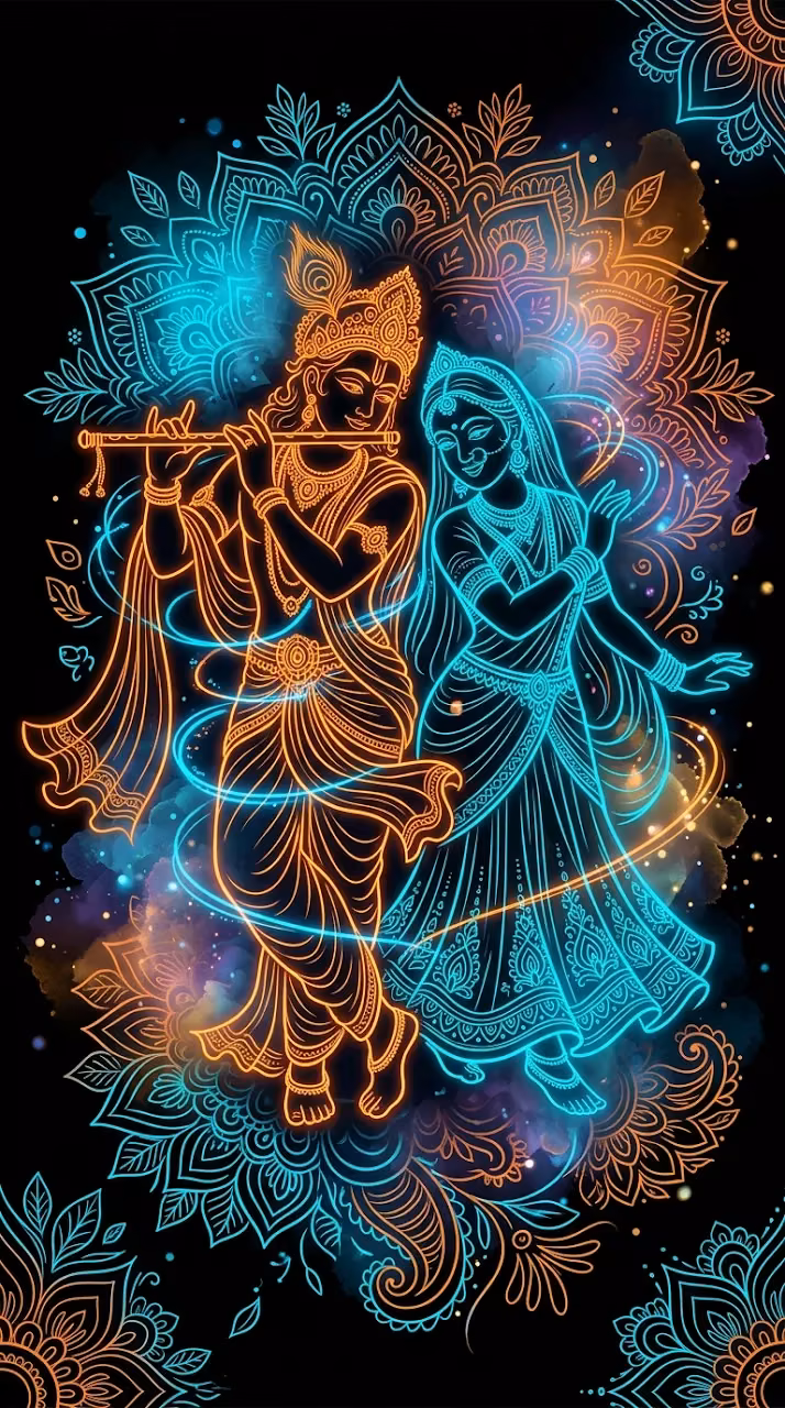 Stylized Illustration of Radha and Krishna Dancing on a Black Background - Free Mobile AMOLED Wallpaper Background