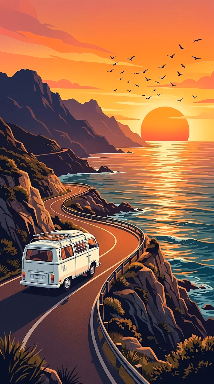 Download Stylized Illustration of an RV Driving Along a Coastal Mountain Road at Sunset Wallpaper in Mobile HD Stylized Illustration of an RV Driving Along a Coastal Mountain Road at Sunset - Free Mobile AMOLED Wallpaper Background