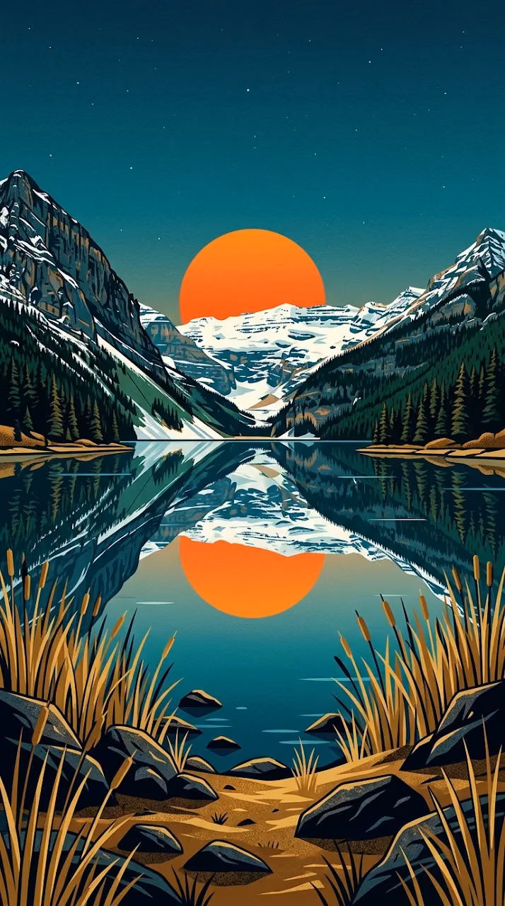 Download Stylized Illustration of a Sunset Over a Snowy Forest Lake Wallpaper in Mobile HD Stylized Illustration of a Sunset Over a Snowy Forest Lake - Free Mobile AMOLED Wallpaper Background