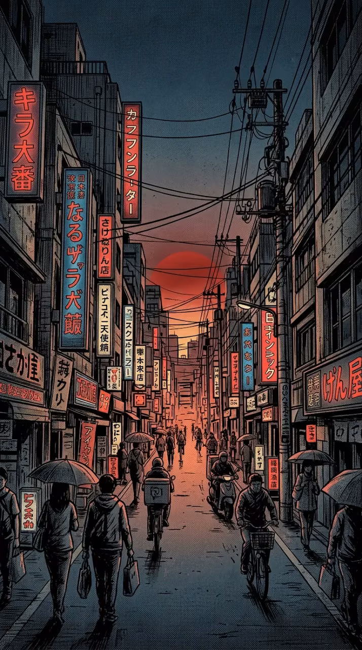 Download Stylized Monochrome Illustration of a Japanese Street with a Red Sun Wallpaper in Mobile HD Stylized Monochrome Illustration of a Japanese Street with a Red Sun - Free Mobile AMOLED Wallpaper Background