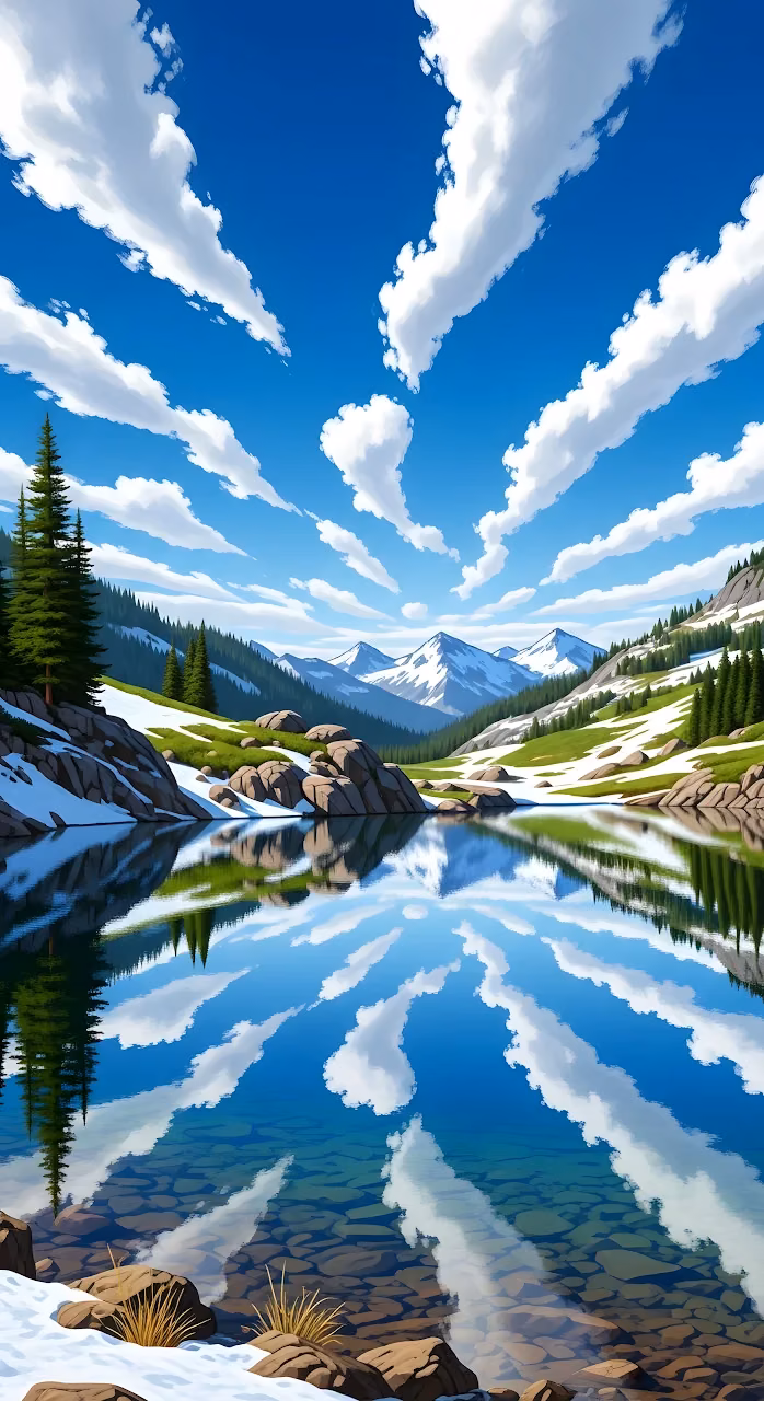 Stylized Mountain Lake Reflection Valley Digital Art - Free Mobile AMOLED Wallpaper Background