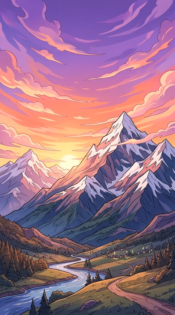 Download Stylized Mountain Range Under Vibrant Sunset Sky Wallpaper in Mobile HD Stylized Mountain Range Under Vibrant Sunset Sky - Free Mobile AMOLED Wallpaper Background