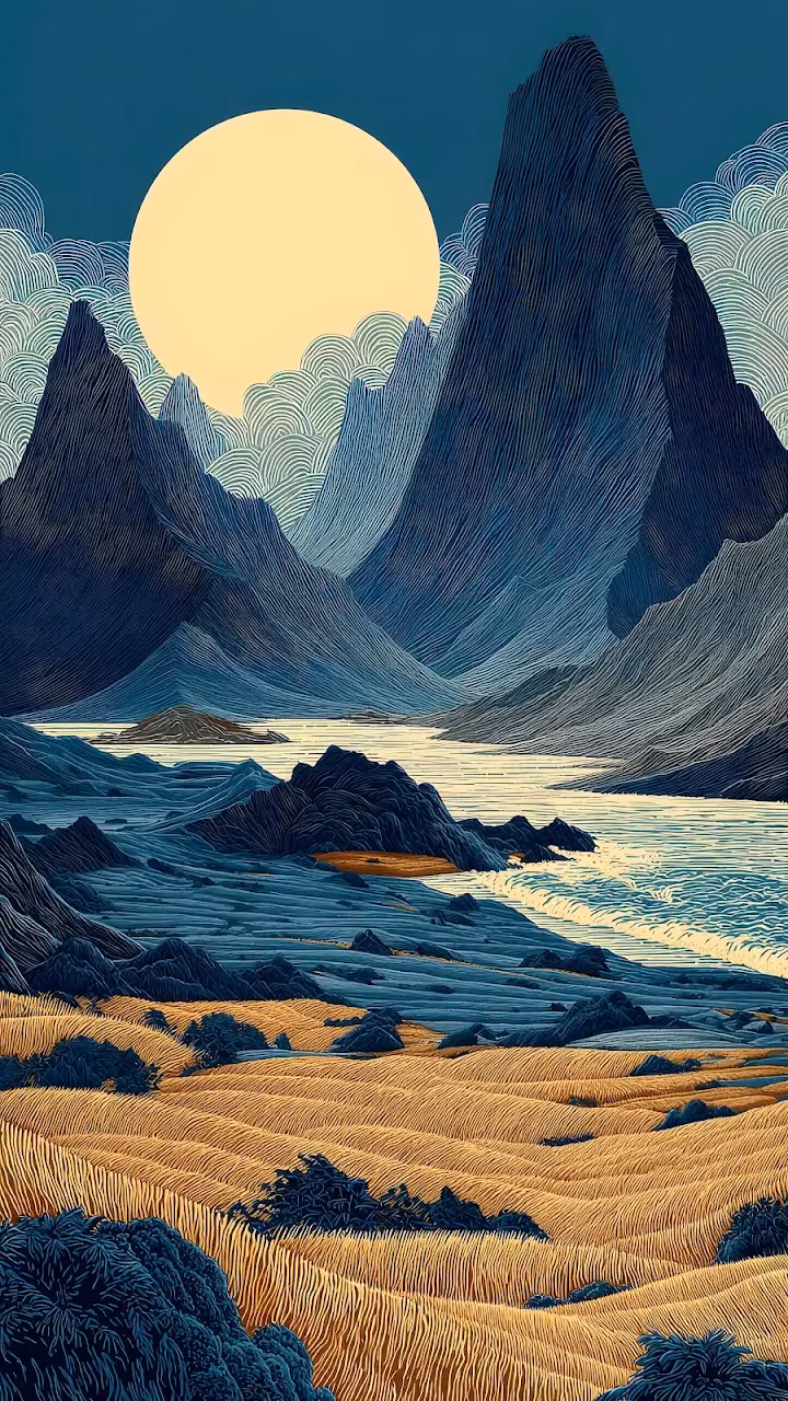 Stylized Mountain Valley Landscape with Golden Fields - Free Mobile AMOLED Wallpaper Background