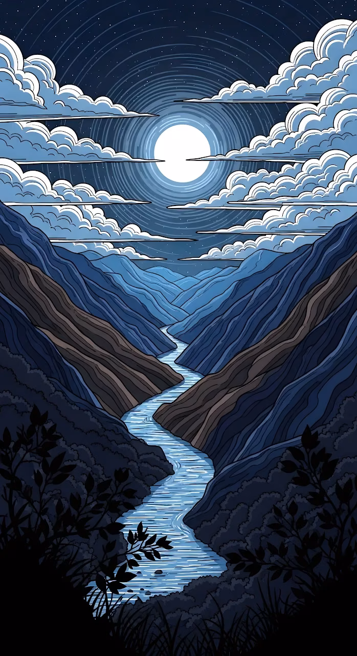 Stylized Night River Flowing Through Moonlit Mountain Canyon - Free 4K Desktop Wallpaper Background