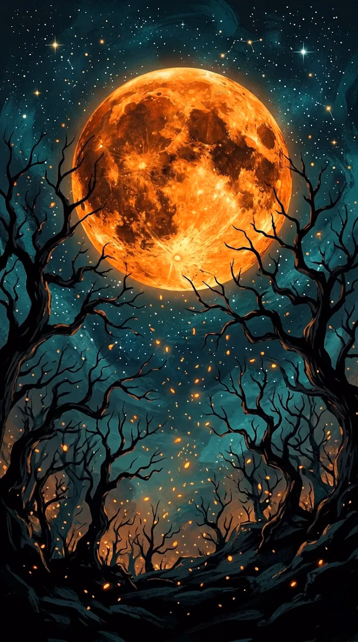 Stylized Orange Full Moon with Black Tree Silhouettes - Free Mobile AMOLED Wallpaper Background