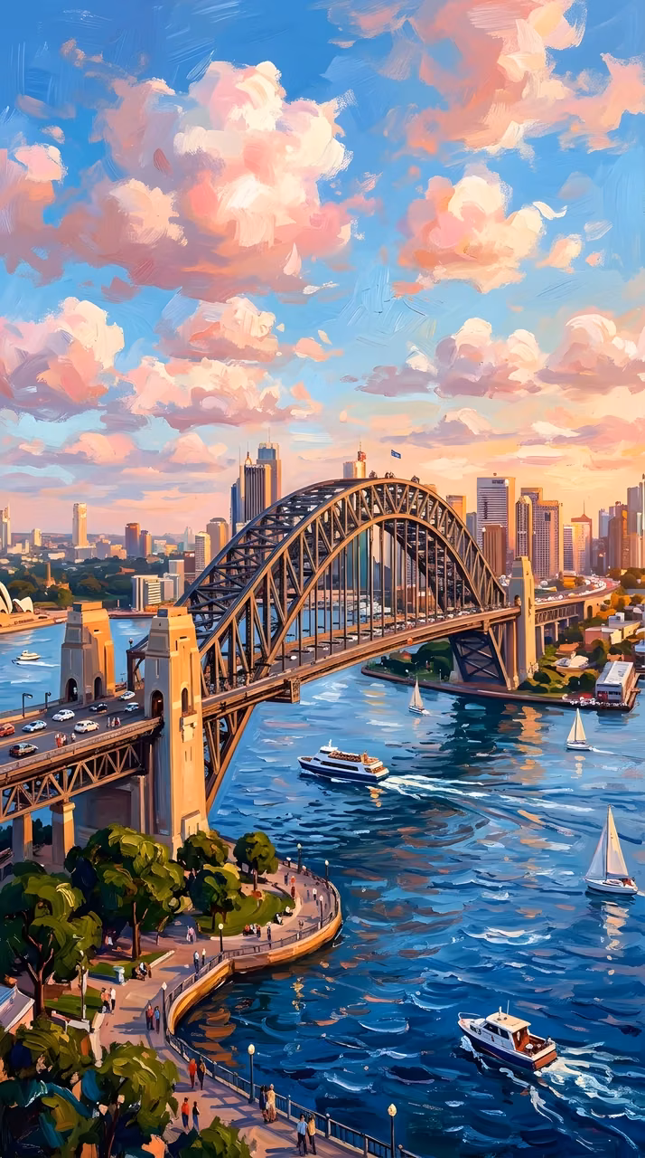Download Stylized Painted Illustration of the Sydney Harbour Bridge at Sunset Wallpaper in Mobile HD Stylized Painted Illustration of the Sydney Harbour Bridge at Sunset - Free Mobile AMOLED Wallpaper Background