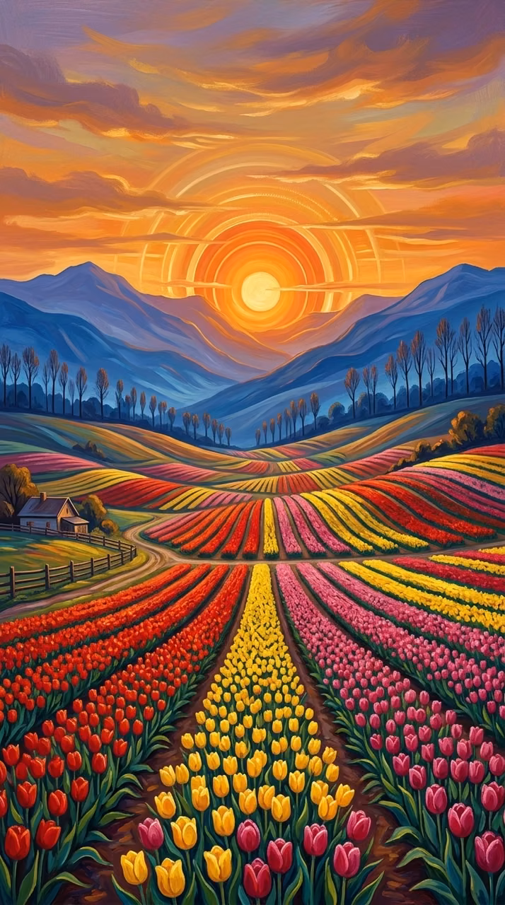 Stylized Painting of an Endless Tulip Field Under a Radiant Sunset - Free Mobile AMOLED Wallpaper Background