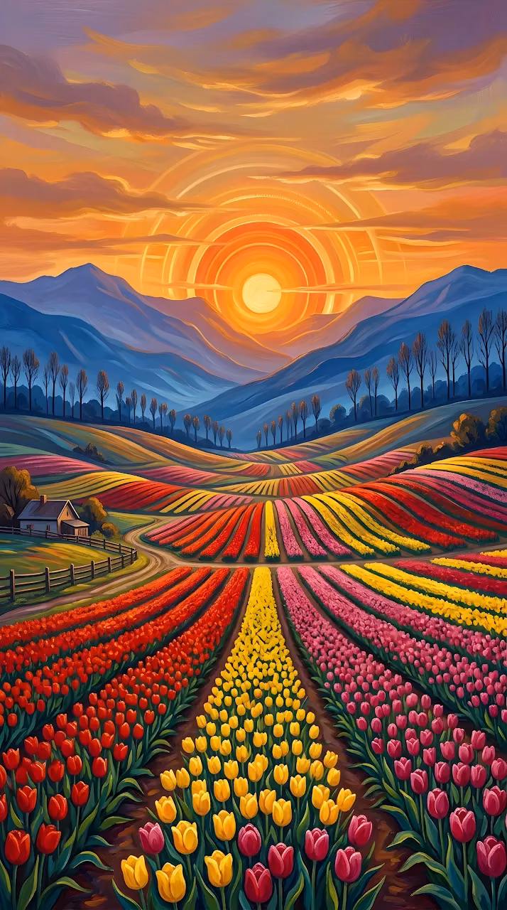 Download Stylized Painting of an Endless Tulip Field Under a Radiant Sunset Wallpaper in Mobile HD Stylized Painting of an Endless Tulip Field Under a Radiant Sunset - Free Mobile AMOLED Wallpaper Background