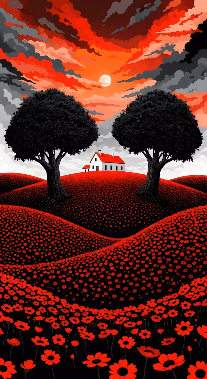 Stylized Red Poppy Field Landscape Dark Trees Art - Free Mobile AMOLED Wallpaper Background