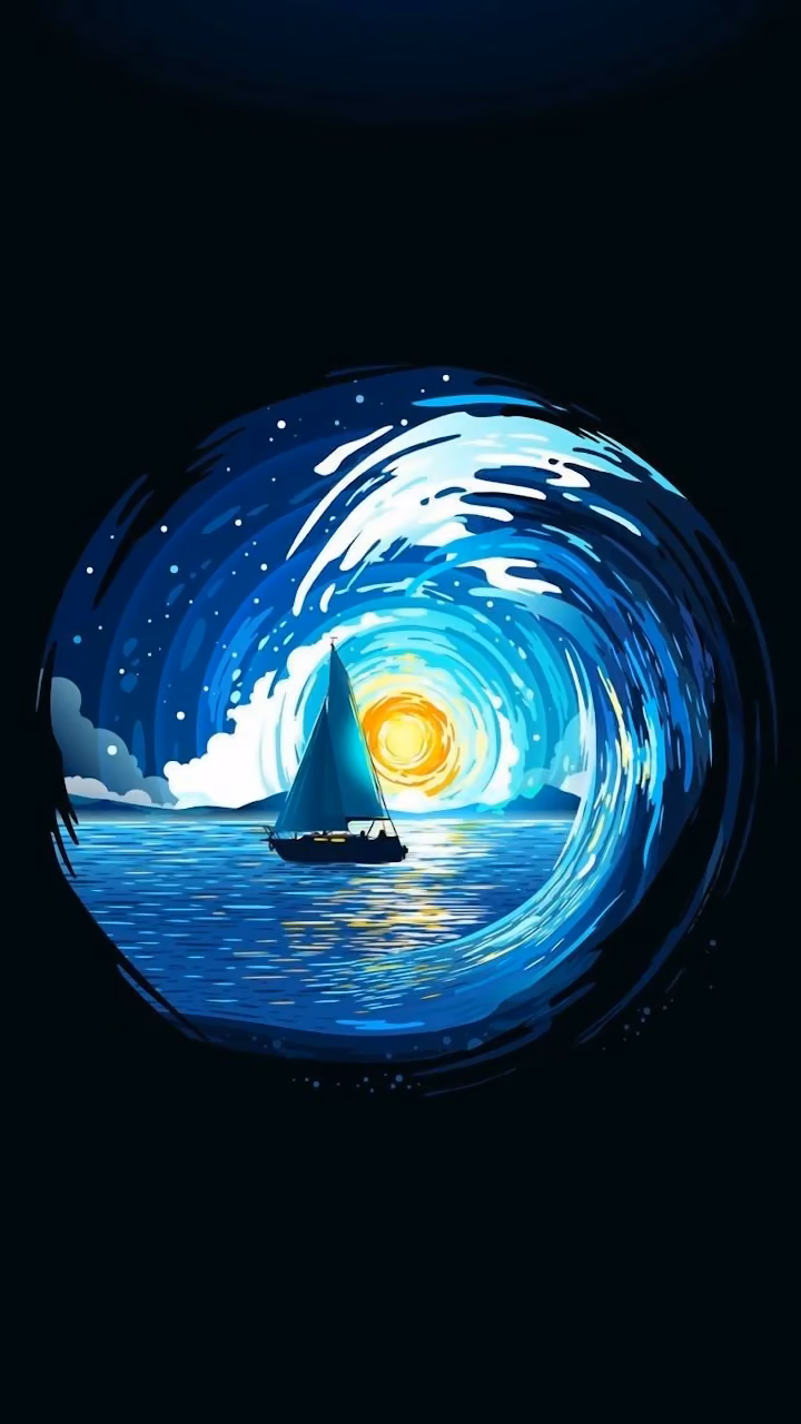 Download Stylized Sailboat Inside Dynamic Swirling Ocean Wave Art Wallpaper in 4K UHD Stylized Sailboat Inside Dynamic Swirling Ocean Wave Art - Free 4K Desktop Wallpaper Background