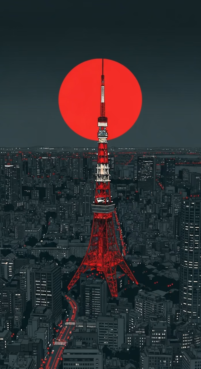 Stylized Tokyo Tower Cityscape with Red Sun - Free Mobile AMOLED Wallpaper Background