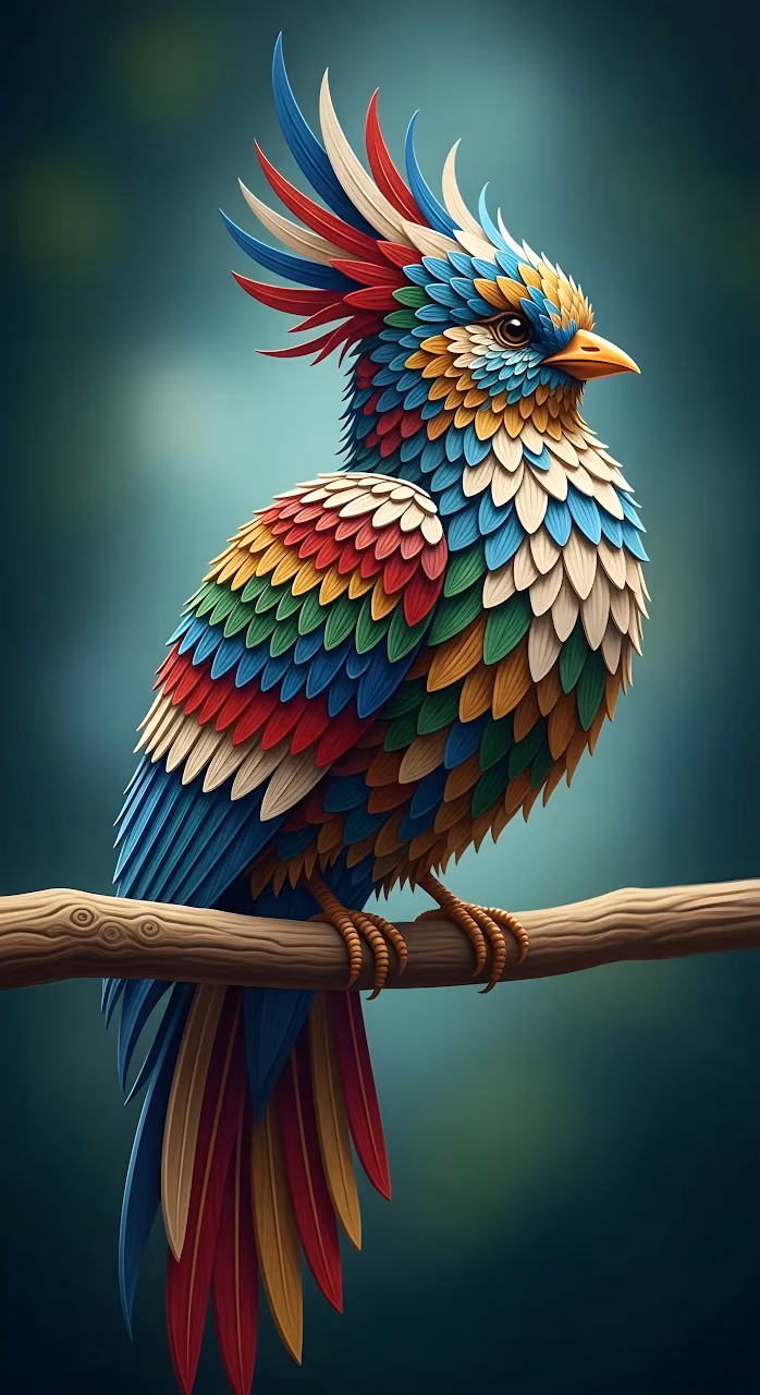 Stylized Tropical Bird with Layered Paper Feathers - Free Mobile AMOLED Wallpaper Background
