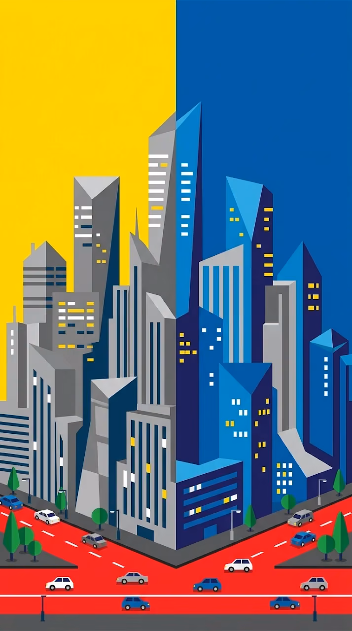 Stylized Urban Skyline with High Contrast Yellow and Blue Sky - Free Mobile AMOLED Wallpaper Background