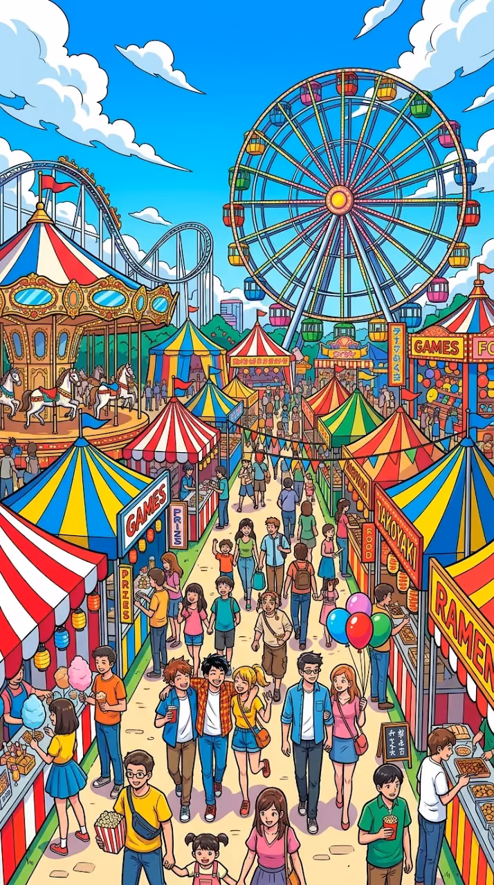 Stylized Vibrant Carnival Scene Manga Illustration - Free Mobile AMOLED Wallpaper Background