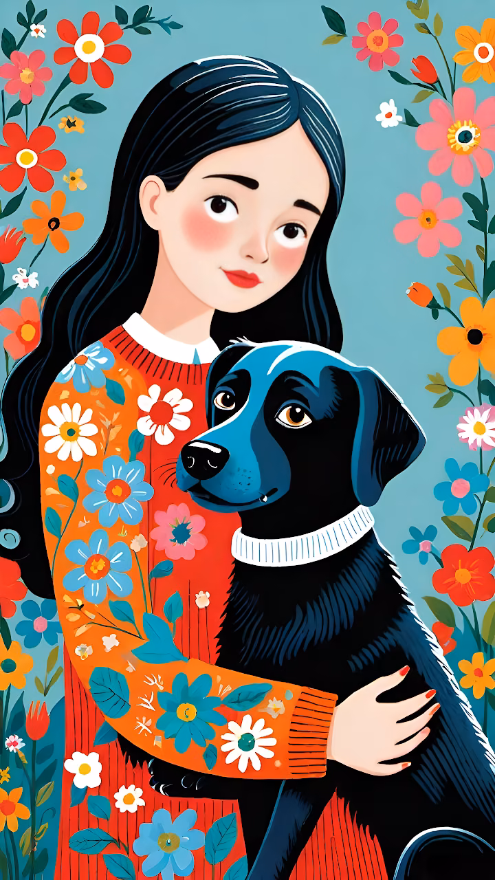 Download Stylized Vibrant Portrait Woman and Dog Floral Sweater Wallpaper in Mobile HD Stylized Vibrant Portrait Woman and Dog Floral Sweater - Free Mobile AMOLED Wallpaper Background