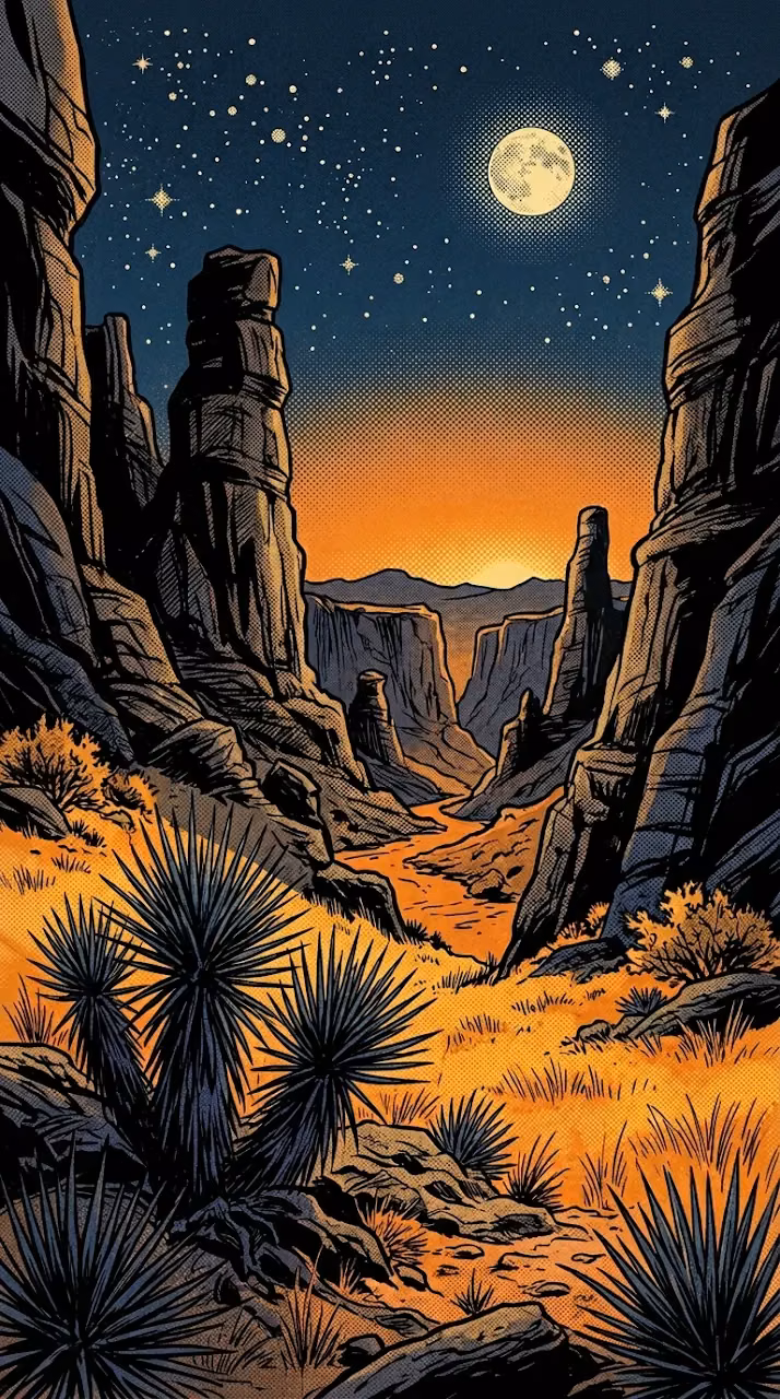 Stylized Vintage Comic Art of a Desert Landscape under Starry Night - Free Mobile AMOLED Wallpaper Background