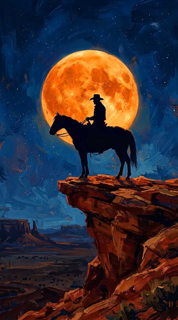 Download Stylized Western Painting of a Cowboy on Horseback Against a Massive Moon Wallpaper in Mobile HD Stylized Western Painting of a Cowboy on Horseback Against a Massive Moon - Free Mobile AMOLED Wallpaper Background