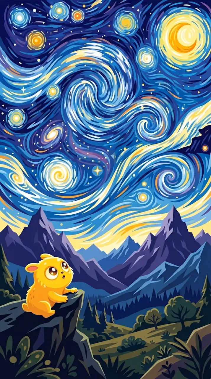 Download Stylized Yellow Creature in Starry Night Landscape Illustration Wallpaper in Mobile HD Stylized Yellow Creature in Starry Night Landscape Illustration - Free Mobile AMOLED Wallpaper Background