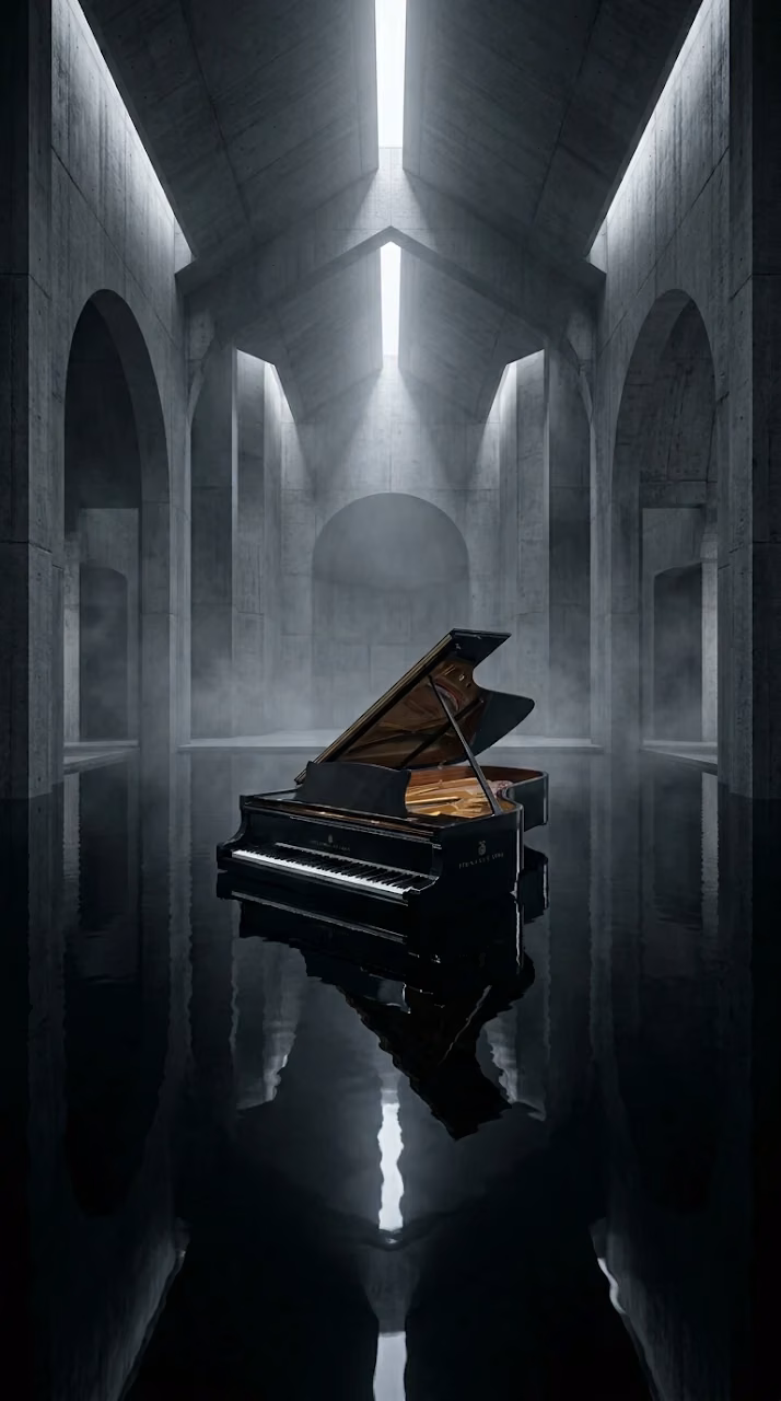 Submerged Grand Piano in Brutalist Cathedral Wallpaper - Free Mobile AMOLED Wallpaper Background