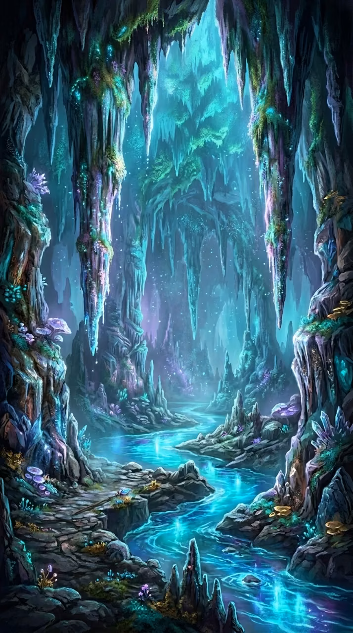 Download Subterranean River in a Glowing Cavern with Iridescent Stalactites Wallpaper in Mobile HD Subterranean River in a Glowing Cavern with Iridescent Stalactites - Free Mobile AMOLED Wallpaper Background