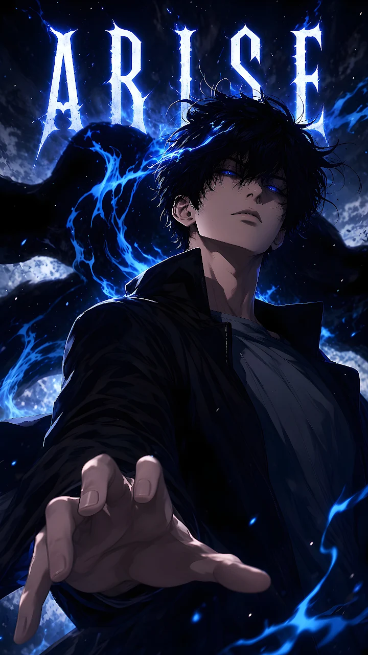 Download Sung Jinwoo Arise Shadow Monarch 4K Wallpaper in Mobile HD Anime protagonist Sung Jinwoo extending his hand forward with glowing blue eyes and blue shadow flames.