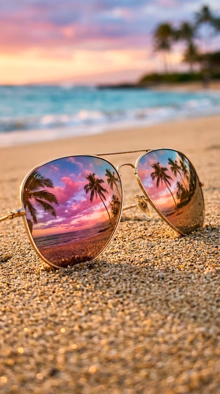 Sunglasses on Sand Reflecting a Pink Tropical Sunset - Free Mobile AMOLED Wallpaper Background