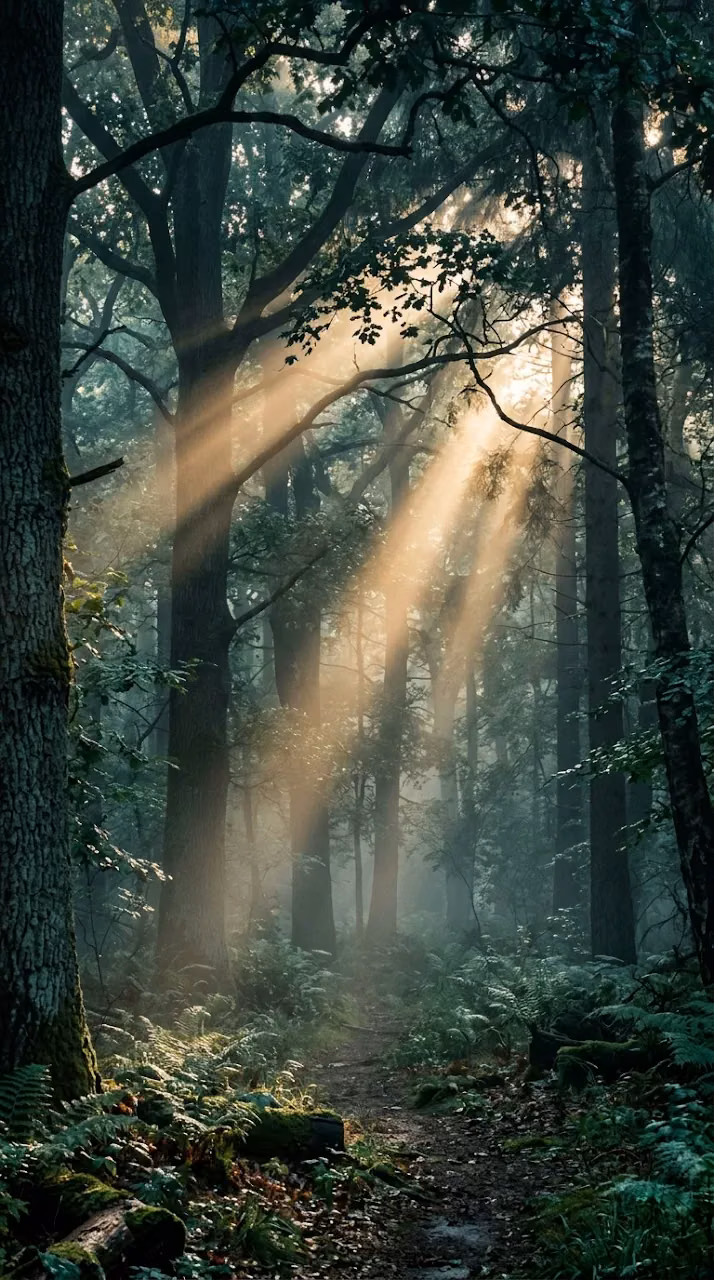 Download Sunlight Breaking Through Mist in a Muted Green Forest at Dawn Wallpaper in Mobile HD Sunlight Breaking Through Mist in a Muted Green Forest at Dawn - Free Mobile AMOLED Wallpaper Background