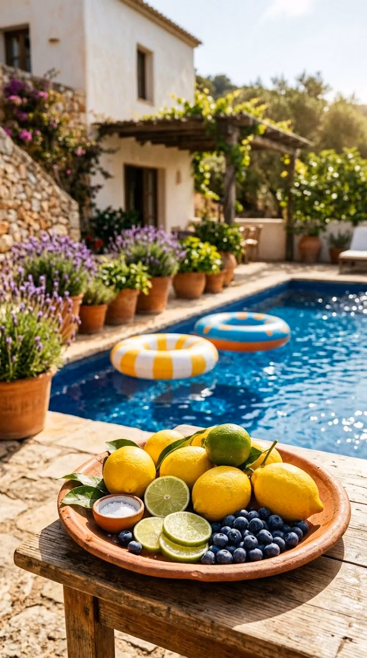 Sunlight Terrace Still Life with Lemons, Blueberries, and Swimming Pool - Free Mobile AMOLED Wallpaper Background
