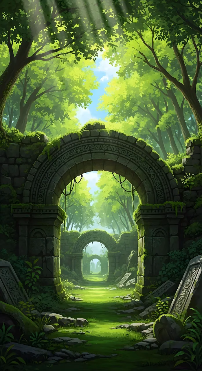 Sunlit Ancient Ruins Trail Through Lush Green Forest - Free Mobile AMOLED Wallpaper Background