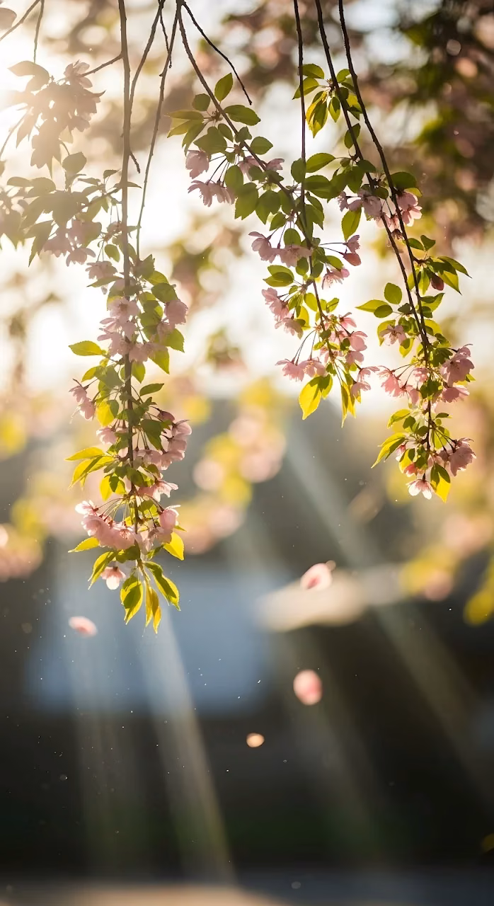 Download Sunlit Cherry Blossom Branches with Golden Light Rays Wallpaper in Mobile HD Sunlit Cherry Blossom Branches with Golden Light Rays - Free Mobile AMOLED Wallpaper Background