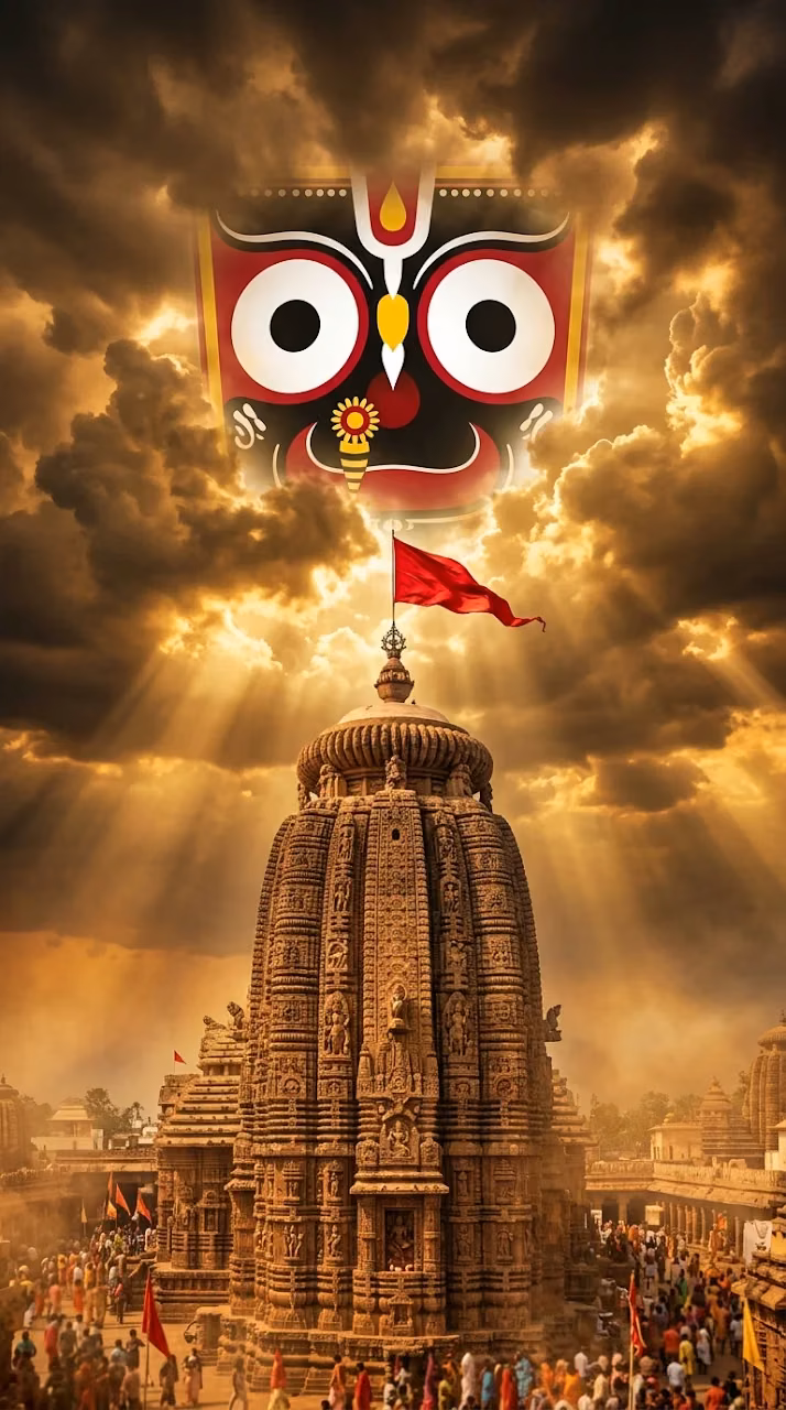 Sunlit Hindu Temple with Jagannath Deity Face in the Clouds - Free Mobile AMOLED Wallpaper Background