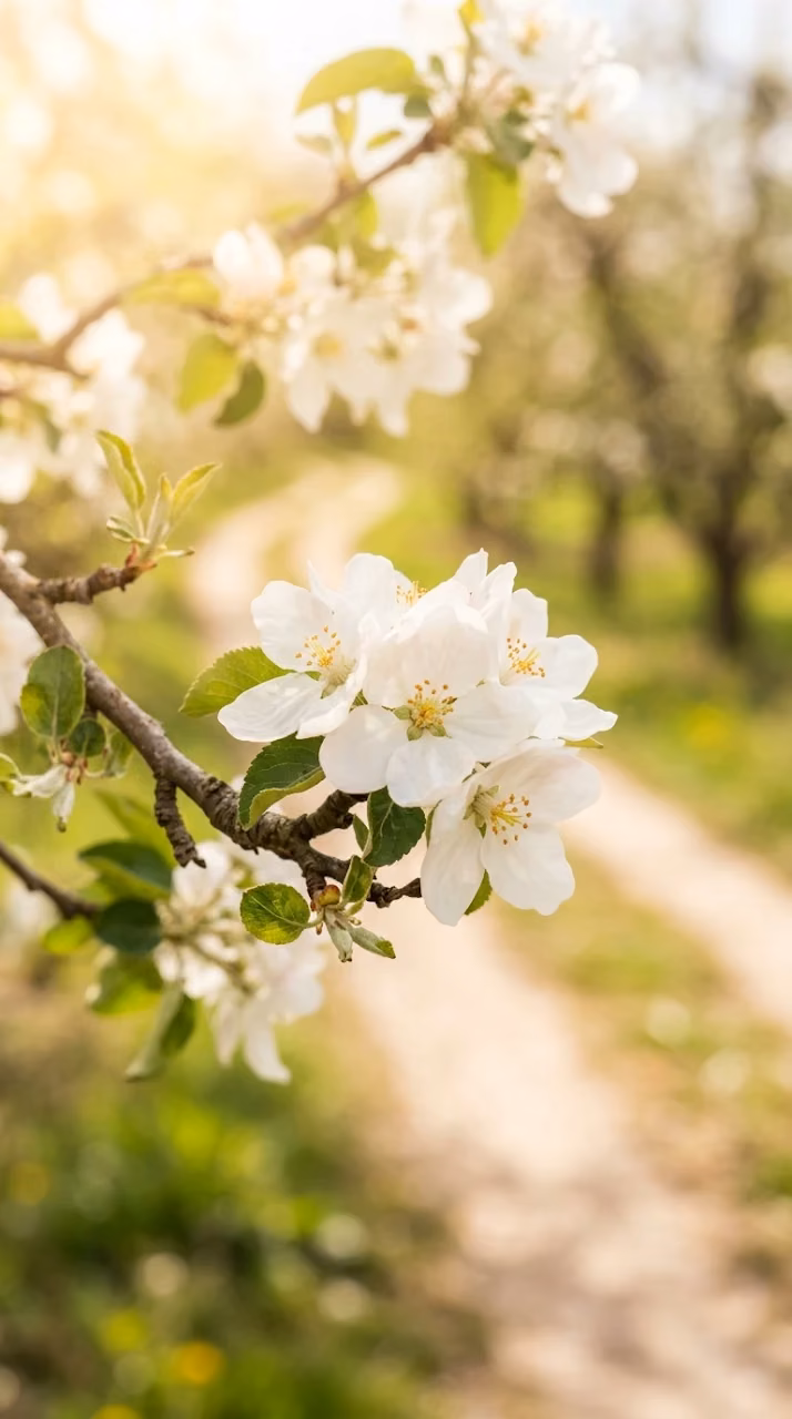 Sunlit Spring Orchard with White Apple Blossoms and Grassy Path - Free Mobile AMOLED Wallpaper Background