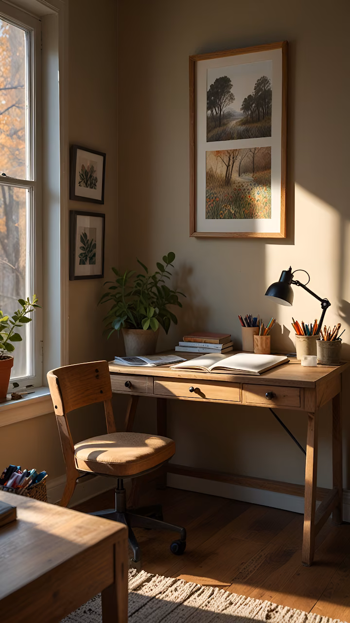 Download Sunlit Wooden Desk in Cozy Rustic Home Office Corner Wallpaper in Mobile HD Sunlit Wooden Desk in Cozy Rustic Home Office Corner - Free Mobile AMOLED Wallpaper Background