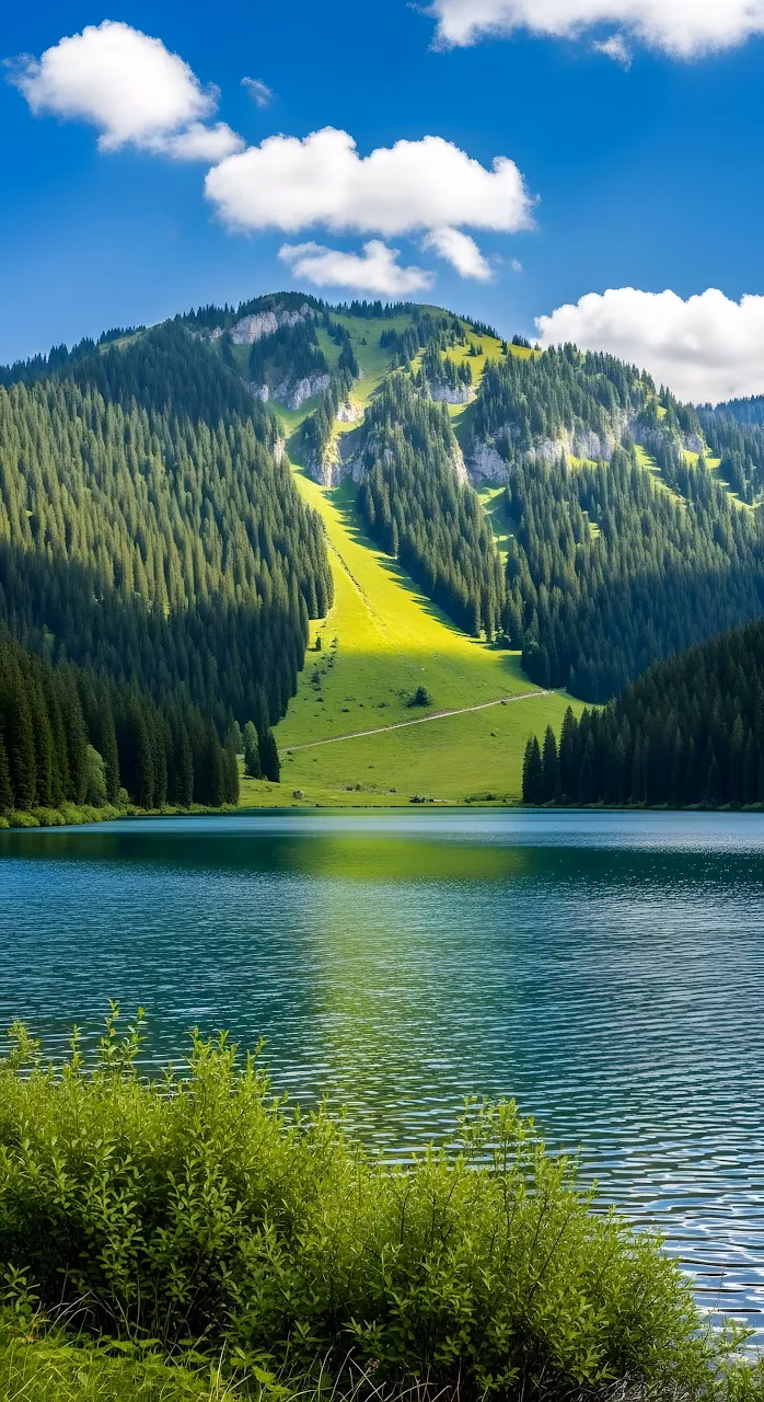 Sunny Alpine Lake Reflection with Steep Pine Forest Slope - Free 4K Desktop Wallpaper Background