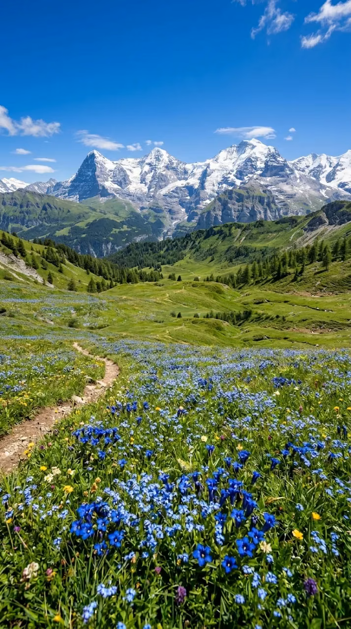 Sunny Alpine Meadow with Blue Wildflowers and Snowy Mountain Peaks - Free Mobile AMOLED Wallpaper Background