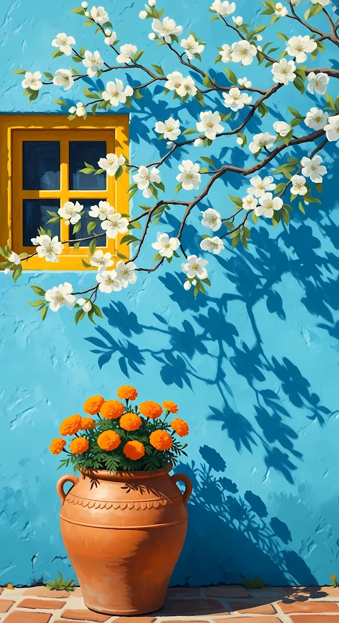 Sunny Courtyard Scene with White Flowers and Marigolds - Free Mobile AMOLED Wallpaper Background